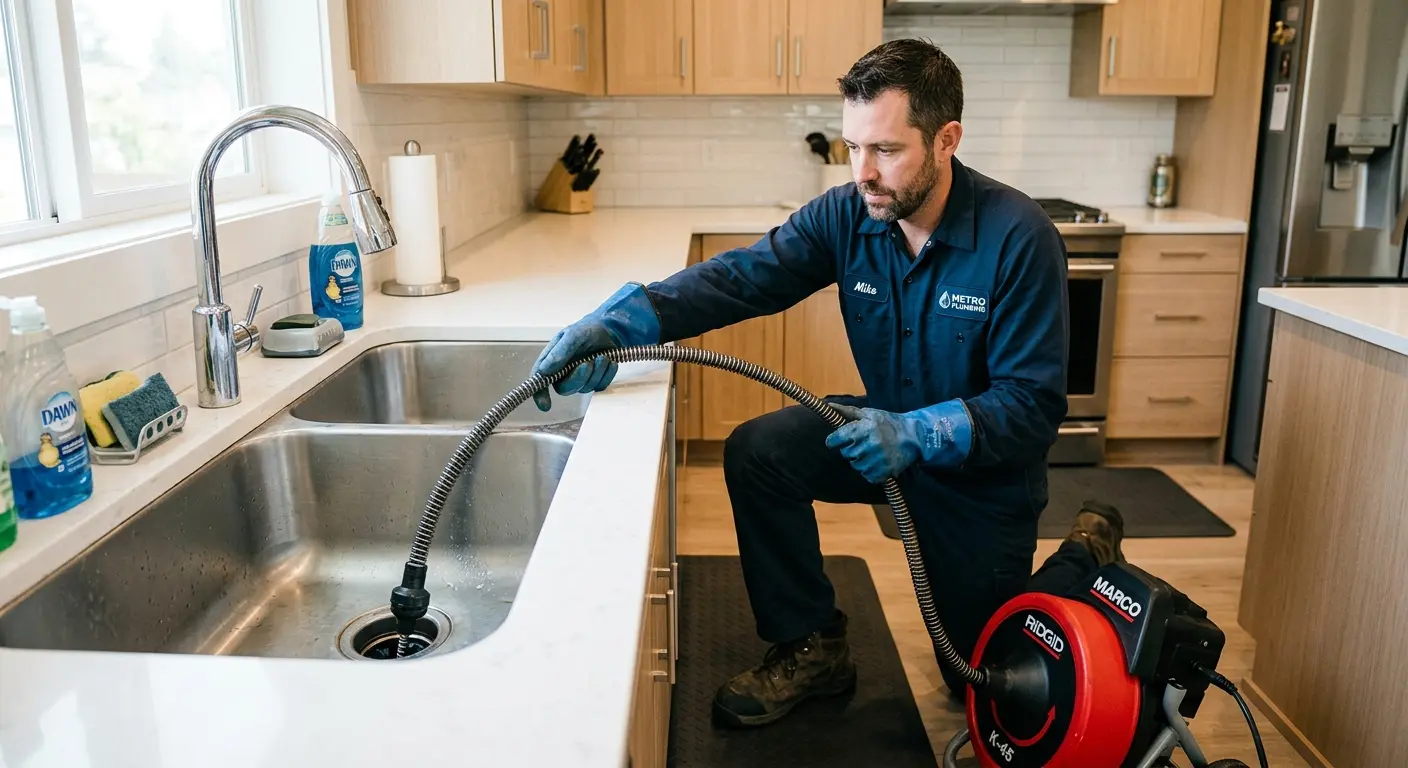 Drain cleaning technician using a motorized snake on a kitchen sink in Algoma