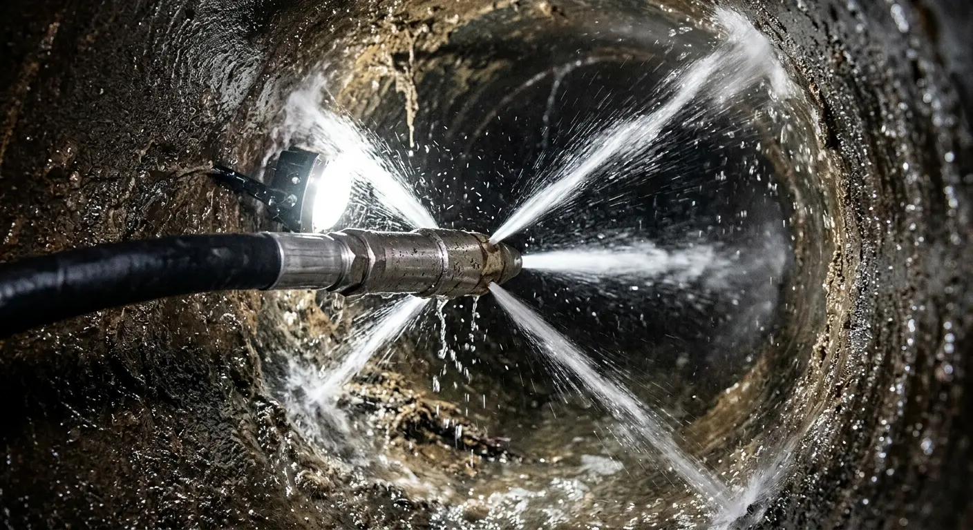 High-pressure hydro jetting nozzle cleaning sewer pipe for Emergency Drain Service in Algoma