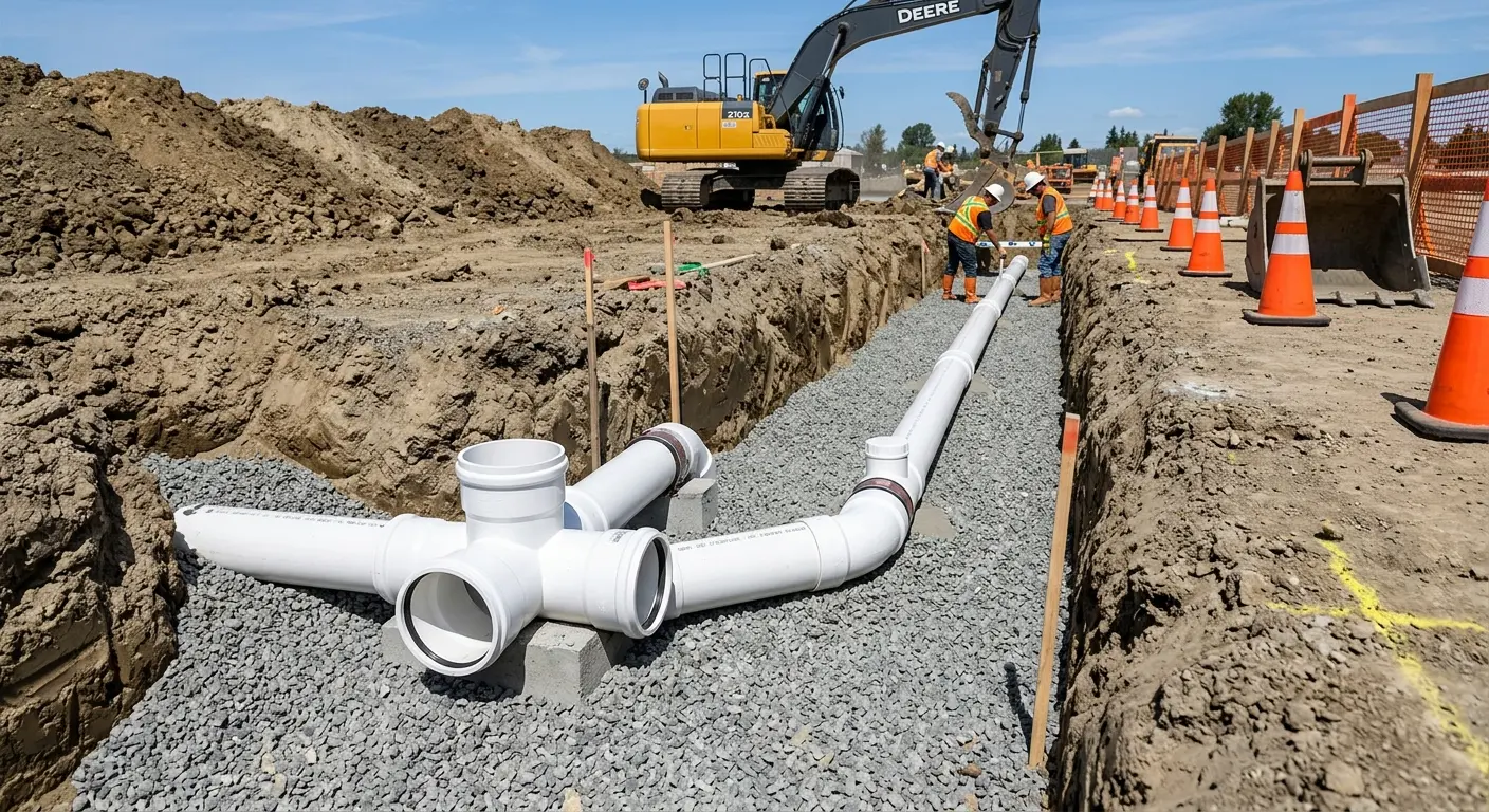 New PVC sewer pipe installation in open trench for Commercial Drain Cleaning in Algoma