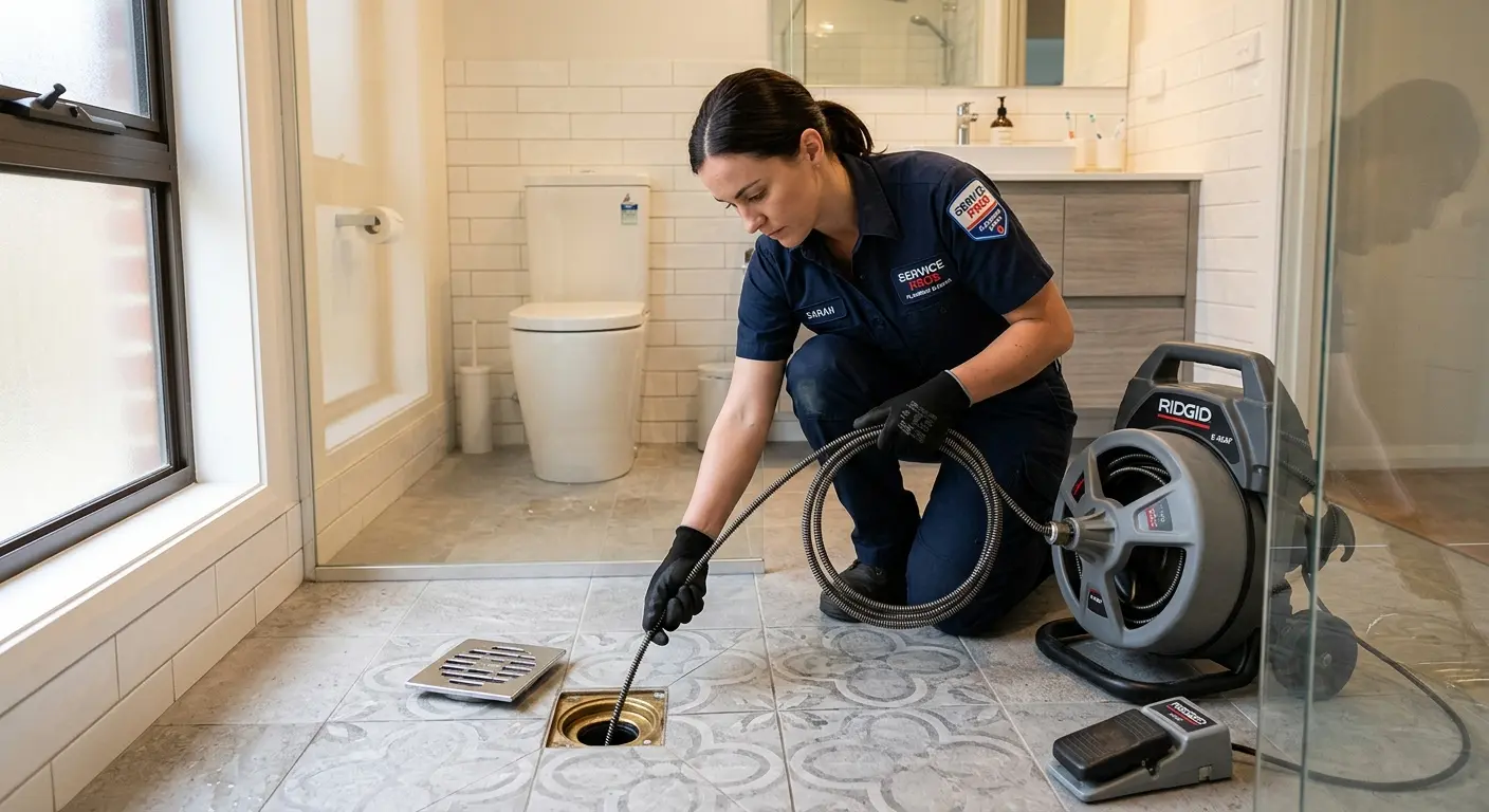 Technician clearing a bathroom floor drain for Sewer Line Replacement in Algoma